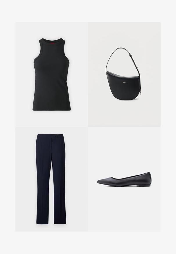 Zwarte mouwloze tanktop gemaakt van rekbare stof. Heeft een ronde hals en een aansluitende snit met minimale stikdetails.; Navyblauwe op maat gemaakte broeken van een gladde stof, met een platte voorkant, rechte pijpen en een subtiele zilveren accent bij de taille.; Zwarte platte leren schoen met puntige neus en lage hak, zijaanzicht tegen een witte achtergrond.; Zwarte halfmaansvormige leren schoudertas met verstelbare riem en goudkleurig "BOSS"-logo middenvoor.