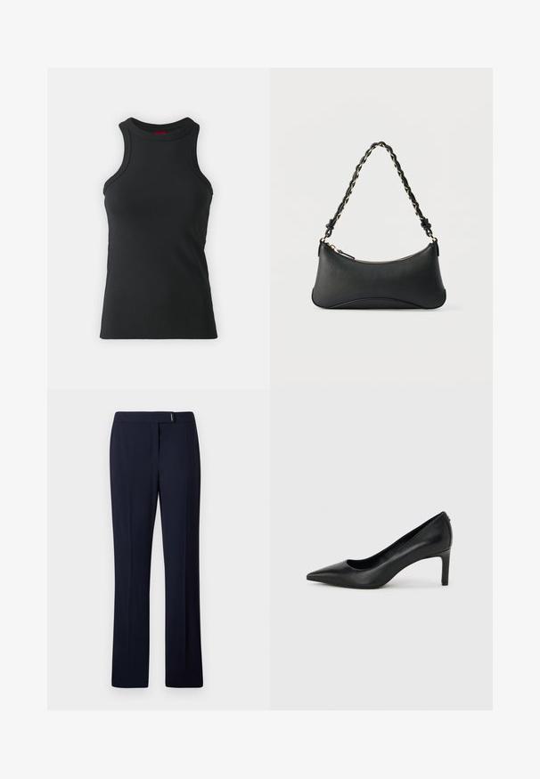 Zwarte mouwloze tanktop gemaakt van rekbare stof. Heeft een ronde hals en een aansluitende snit met minimale stikdetails.; Navyblauwe op maat gemaakte broeken van een gladde stof, met een platte voorkant, rechte pijpen en een subtiele zilveren accent bij de taille.; Zwarte leren pumps met een spits toelopende neus en een slanke, middelhoog hak, afgebeeld tegen een effen lichtgrijze achtergrond.; Zwarte lederen schoudertas met een gebogen rechthoekige vorm, gouden ketting verweven in een gevlochten zwarte band, en een ritssluiting bovenop.