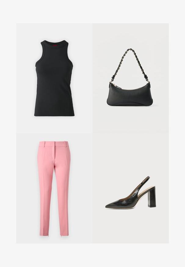 Schwarzes ärmelloses Top aus dehnbarem Material. Mit Rundhalsausschnitt und taillierter Silhouette sowie minimalistischen Nähdetails.; Rosa maßgeschneiderte Hose mit glatter Textur, geraden Beinen und einem Reißverschlussdetail am Saum. Verfügt über Gürtelschlaufen und ein flaches Frontdesign.; Schwarzer Leder-Slingback-Schuh mit spitzer Kappe, hohem Blockabsatz und beigegefüttertem Innenraum vor hellem, einfarbigem Hintergrund.; Schwarze Lederschultertasche mit gewölbter rechteckiger Form, goldener Kette, die in den geflochtenen schwarzen Riemen eingewebt ist, und Reißverschlussverschluss oben.