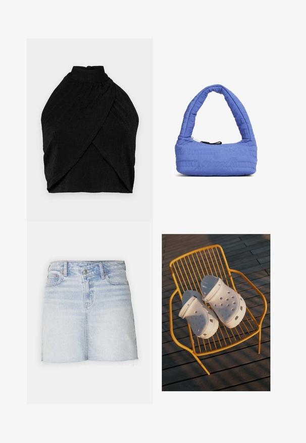 Haut noir à col halter en tissu texturé, doté d'un col haut, de détails froncés et d'un design enveloppant avec un ourlet court.; Jupe mini en denim bleu clair avec un ourlet effiloché, design à cinq poches et fermeture à bouton à l'avant. Présente une légère décoloration et une texture lisse.; Des sabots Crocs blancs présentent un design perforé, des semelles plates et des sangles de talon réglables, reposant sur une chaise en fil jaune contre un sol en bois.; Sac à main bleu matelassé avec une poignée courbée et une fermeture éclair, présentant une marque en relief et un tissu doux et texturé.