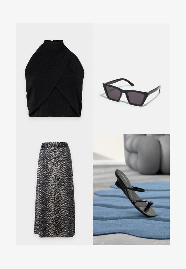 Čierny halter top vyrobený z textúrovanej látky, ktorý má vysoký golier, zberané detaily a dizajn s omotaním a zkráteným lemom.; Sukňa midi s leopardím vzorom sa vyznačuje hladkou látkou, čierno-bežovou farebnou schémou a rovnou siluetou s pásom.; Čierna sandála s remienkami a slučkou na prst vystavená na modrom textúrovanom koberci, so veľkým sivým dekoratívnym objektom rozmazaným v pozadí.; Čierne, ostré slnečné okuliare so sivými sklami; vyrobené z plastu, majú hrubé ramená s hladkým povrchom a bez viditeľnej mechaniky.