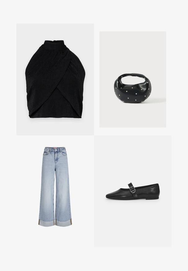 Čierny halter top vyrobený z textúrovanej látky, ktorý má vysoký golier, zberané detaily a dizajn s omotaním a zkráteným lemom.; Svetlomodré široké džínsy s vysokým pásom, rozstrapkanými okrajmi a kontrastnými švami, vyrobené z denimu.; Čierna kožená plochá obuv s okrúhlym nosom, jedným nastaviteľným pásikom so sponou a hladkým, lesklým povrchom. Minimalistický dizajn s nízkym podpätkom.; Čierna kožená kabelka s zaobleným tvarom, zdobená striebornými cvočkami a krátkym rúčkou. Hladká textúra a zapínanie na zips.