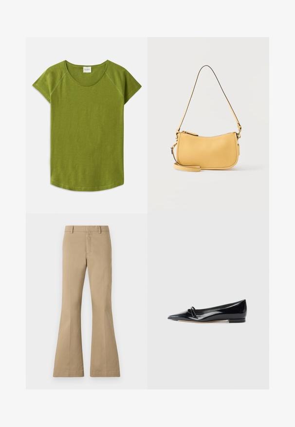 T-shirt vert à manches courtes en tissu doux. Présente un col rond et une coupe décontractée. Design épuré sans motifs ni accents visibles.; CLOSED FELISE - Pantalon classique - urban beige; Chaussure plate en cuir verni noir avec un bout pointu, une petite lanière décorative et un petit talon carré. Texture lisse et design épuré.; Sac à bandoulière en cuir jaune avec fermeture éclair incurvée en haut et bandoulière mince réglable, design minimaliste sur fond uni.