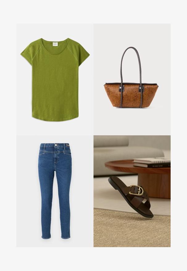 Groene t-shirt met korte mouwen, gemaakt van zachte stof. Heeft een ronde halslijn en een relaxte pasvorm. Eenvoudig ontwerp zonder zichtbare patronen of accenten.; Skinny jeans in donkerblauwe denim, met vijf zakken, een knoopsluiting en contrasterende stiksels. Glad textuur met minimale vervaging.; Bruine leren instap-sandaal met gouden gesp op een beige tapijt, houten salontafel en boeken op de achtergrond.; Bruine leren handtas met een trapeziumvorm en lange gevlochten donkerbruine handvatten op een witte achtergrond.