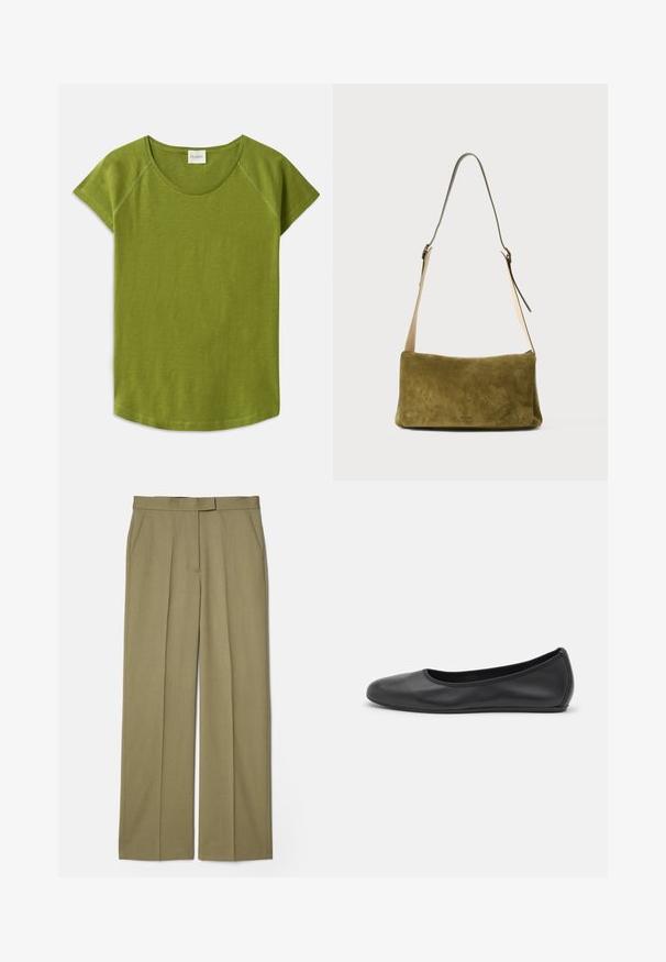 Groene t-shirt met korte mouwen, gemaakt van zachte stof. Heeft een ronde halslijn en een relaxte pasvorm. Eenvoudig ontwerp zonder zichtbare patronen of accenten.; Khaki plooibroek met een recht model, gemaakt van textuurstof, voorzien van twee zijzakken en een gladde tailleband.; Zwarte leren ballerina met een ronde neus, gladde textuur, minimale stikdetails en een flexibele zoolontwerp.; Olivengroene suede schoudertas met een gladde, rechthoekige vorm. Voorzien van een lange, verstelbare leren schouderriem en minimalistische hardware.