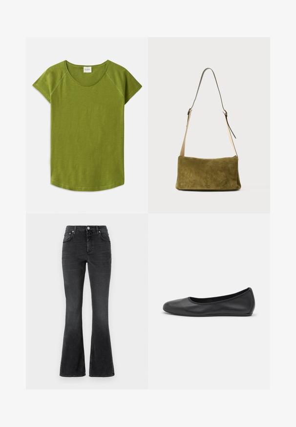 T-shirt vert à manches courtes en tissu doux. Présente un col rond et une coupe décontractée. Design épuré sans motifs ni accents visibles.; CLOSED JOVANNA - Jean slim - dark grey; Ballerines en cuir noir avec un bout rond, texture lisse, détails de couture minimalistes et design de semelle flexible.; Sac à épaule en suède vert olive avec une forme rectangulaire lisse. Dispose d'une longue sangle en cuir ajustable et de matériel minimal.