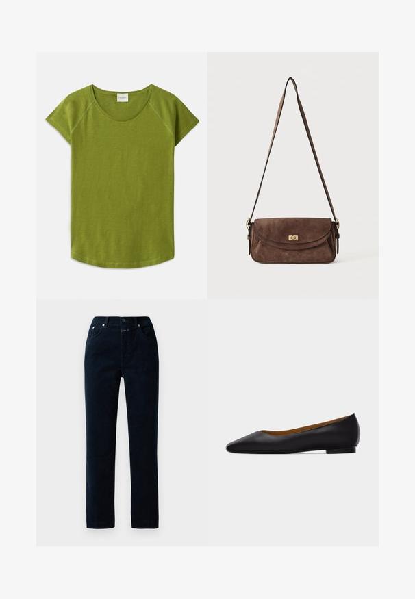 Camiseta verde de manga corta hecha de tela suave. Presenta un escote redondo y un corte relajado. Diseño limpio sin patrones o acentos visibles.; Pantalones de pana en color navy con un diseño de pierna recta, que cuentan con bolsillos frontales, cremallera y detalles de botón metálico en la cinturilla.; Zapato plano de punta puntiaguda de cuero negro con tacón bajo y acabado liso, mostrado de perfil sobre un fondo gris claro.; Bolso de hombro de ante marrón con una larga correa ajustable y un cierre giratorio dorado en la solapa frontal.
