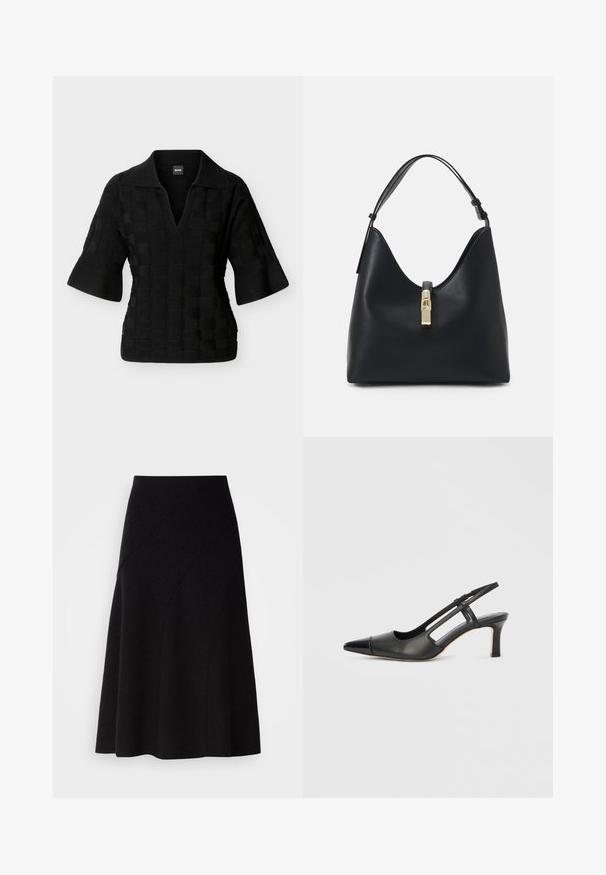 Polo de punto negro con mangas anchas hasta la mitad y patrón cuadrado texturizado, con un escote en V profundo y cuello.; Falda negra de lana en línea A con cintura de media altura, que presenta detalles de costuras diagonales y una textura suave, que cae justo por debajo de la rodilla.; Zapato slingback de cuero negro con punta afilada, con un acento brillante en la puntera y un tacón de altura media. Diseño con lateral abierto.; Bolso de cuero negro con forma redondeada y contorneada, que cuenta con un cierre de candado en tono dorado y una única correa ajustable. Textura suave.