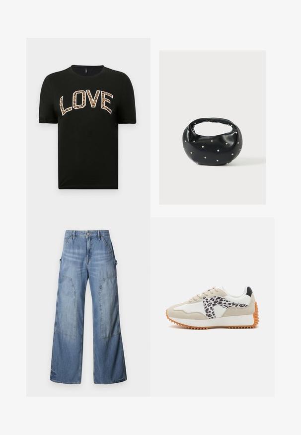 T-shirt noir à manches courtes avec un col rond, affichant le mot « LOVE » en lettres blanches et imprimé léopard.; Good American GOOD EASE RELAXED - Jean boyfriend - indigo; Baskets beiges et blanches avec un panneau à imprimé léopard, en suédine texturée et semelle en caoutchouc avec des rainures pour une meilleure traction. Lacets et col rembourré inclus.; Sac à main en cuir noir de forme arrondie, décoré de clous argentés et équipé d'une poignée courte. Texture lisse et fermeture éclair.