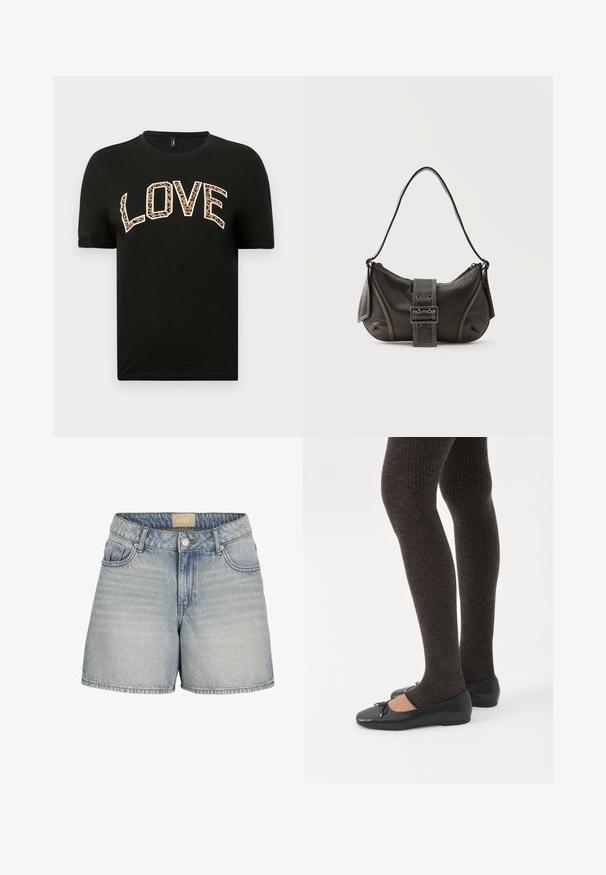 Sort kortærmet t-shirt med rund halsudskæring, der har ordet "LOVE" skrevet med hvide og leopardmønstrede bogstaver.; Lysblå denimshorts med høj talje, der har knaplukning, fem lommer og subtilt slid for et struktureret look.; Ben iført mørke ribbede leggings kombineret med sorte balletsko med små sløjfedetaljer på hvid baggrund.; Sort læder skuldertaske med spænde på remmen, afrundede kanter og kontrasterende hvide syninger på en ensfarvet baggrund.