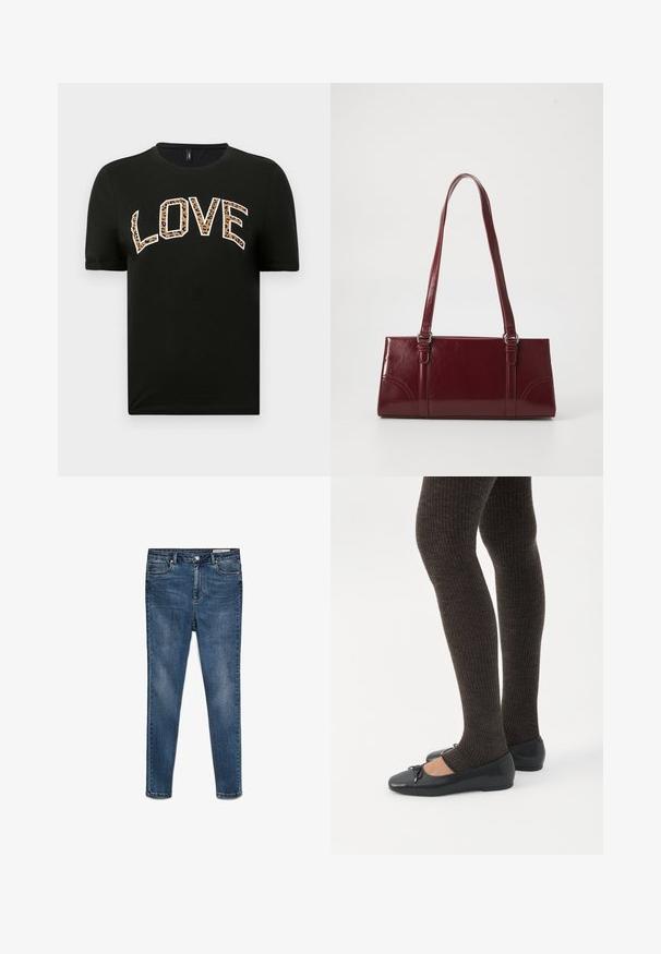 Čierne tričko s krátkym rukávom a okrúhlym výstrihom, na ktorom je slovo "LOVE" v bielych a leopardích vzorovaných písmenách.; Tmavomodré denim skinny džínsy s stredne vysokým pásom, piatimi vreckami a jemným vyblednutím. Obsahujú zapínanie na gombík a zips.; Nohy v tmavých pásikavých legínach v kombinácii s čiernymi balerínkami s malými mašličkami na bielom pozadí.; Bordová kabelka vyrobená z lesklého materiálu, obdĺžnikový tvar, s dvoma ramennými popruhmi a jemnými zakrivenými akcentmi na prednej strane.