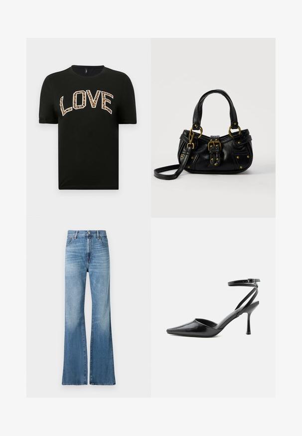 Camiseta negra de manga corta con cuello redondo que presenta la palabra "LOVE" en letras blancas y de estampado de leopardo.; Replay BECKA PANTS - Vaqueros boyfriend - medium blue; Zapato de tacón alto negro de punta fina con delgadas correas en el tobillo y cierre de hebilla plateada sobre un fondo liso claro.; Bolso de cuero negro con hebilla y detalles de remaches dorados, asas cortas y una correa de hombro ajustable sobre un fondo blanco liso.