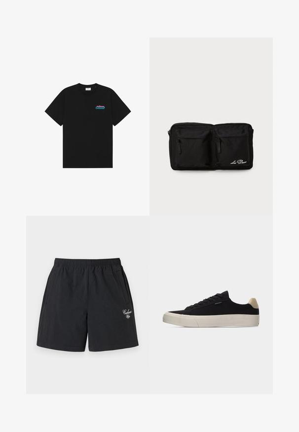 T-shirt noir à manches courtes avec col rond et petit logo "prince" rose et bleu sur la poitrine gauche.; Shorts noirs décontractés avec une ceinture élastique, des poches latérales et un petit logo brodé en écriture blanche sur la jambe droite.; Baskets basses noires avec languette beige au talon, semelle en caoutchouc blanche épaisse, lacets noirs et petite étiquette "PS Paul Smith" sur le côté.; Pochette en tissu noir avec deux poches zippées à l'avant, texte brodé, forme rectangulaire, texture durable et design discret.