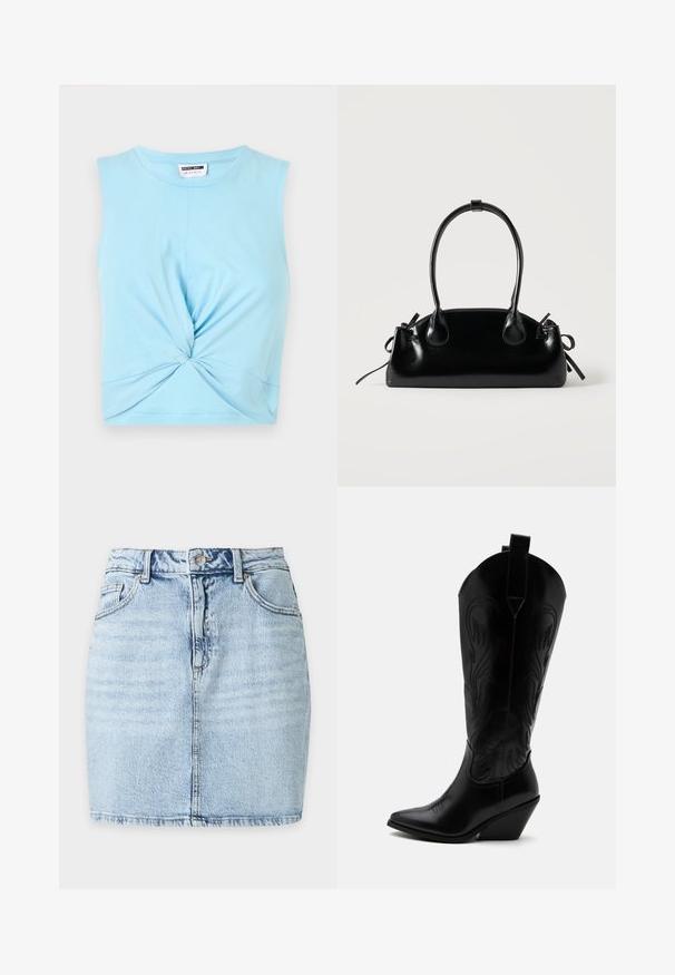 Svetlomodrý bezrukávový crop top z jemnej bavlny, s detailom twistu vpredu a okrúhlym výstrihom.; Svetlomodrá denimová minisukňa s predným gombíkom, pútkami na opasok, dvoma prednými vreckami a viditeľným vertikálnym švom v strede.; Čierna kožená kovbojská čižma so špicatou špičkou, šikmým blokovým podpätkom, dekoratívnym prešitím a ťahacími pútkami na vrchu na bielom pozadí.; Malá čierna lesklá kabelka s dvoma dlhými rúčkami a bočnými šnúrkovými detailmi na jednoduchom svetlom pozadí.