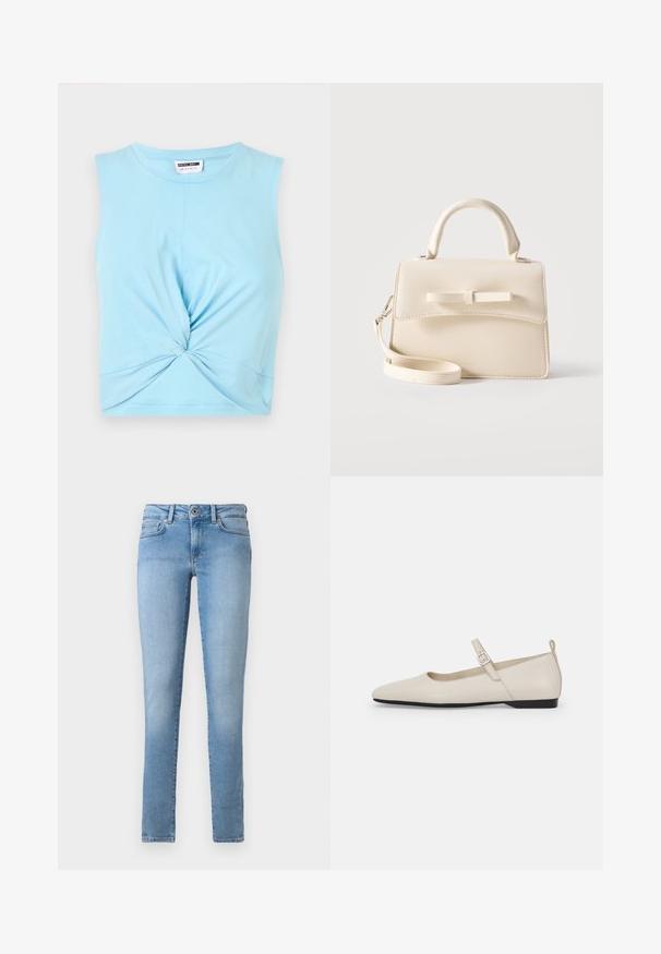 Hele sinine ilma varrukateta crop top, mis on valmistatud pehmest puuvillast, esiküljel on keeratud detail ja ümar kaelus.; Heleda sinine teksapüksid otse lõikega, viie tasku ja ees nööbiga kinnitusega. Sujuv tekstuur ja pleekinud viimistlus.; Valged nahast baleriinajalanõud terava ninaga, pahkluu rihma ja madala musta kontsaga. Sile tekstuur, väheste detailidega.; Väike beež käekott ülemise sangaga, eemaldatava rihma, ees oleva klapi ja dekoratiivse horisontaalse lipsuga ühtlasel taustal.