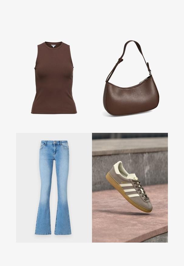 Brun ærmeløs ribstrikket tanktop med høj rund halsudskæring og tætsiddende pasform, lavet af strækstof.; Lysblå flagrende jeans lavet af denim med midt-høj talje, med forlommer og syninger langs sømme og kanter.; Lysebrun ruskinds Adidas-sneaker med hvide striber og gummisål, svævende over lyserøde stentrapper udendørs.; Lille brun skuldertaske i læder med justerbar rem og lynlåslukning, vist mod hvid baggrund. Ingen synligt branding eller dekorationer.