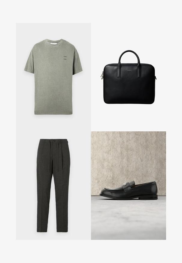 T-shirt à manches courtes de couleur vert olive délavé avec un petit logo texte noir "SAMSØE" apposé deux fois sur le côté gauche de la poitrine et un col rond.; Pantalons rayés gris foncé avec une coupe ajustée, dotés d'une fermeture à bouton et d'une taille à cordon, composés d'un tissu texturé.; Mocassin en cuir noir avec une plaque de marque en métal reposant près d'une table ronde marron sur un sol recouvert de moquette beige.; Mallette en cuir noir texturé avec double poignées et tirettes de fermeture éclair argentées, centrée sur fond blanc.