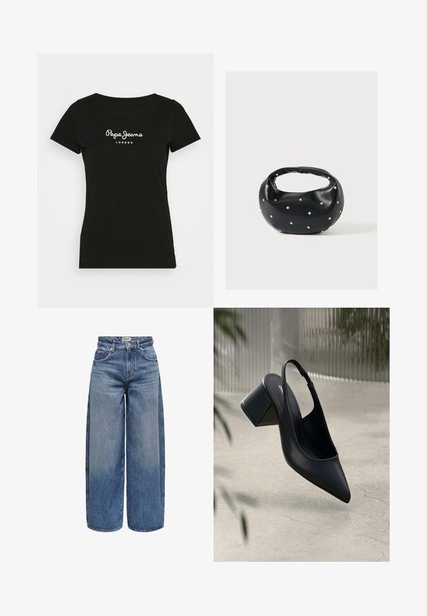 Μαύρο κοντομάνικο T-shirt από βαμβάκι. Διαθέτει στρογγυλή λαιμόκοψη και το λευκό κείμενο "Pepe Jeans LONDON" μπροστά στο στήθος.; Μπλε τζιν παντελόνι σε ευρεία γραμμή, με ψηλή μέση, εμφανή ραφή, πέντε τσέπες και κουμπί στο μπροστινό μέρος.; Μαύρη δερμάτινη γόβα slingback με μυτερή μύτη και χοντρό τακούνι. Λείος υφής, μίνιμαλ σχέδιο και ρυθμιζόμενο λουράκι στον αστράγαλο.; Μαύρη δερμάτινη τσάντα χειρός με στρογγυλεμένο σχήμα, διακοσμημένη με ασημένιες λεπτομέρειες με καρφιά και κοντή λαβή. Λείο υλικό και κλείσιμο με φερμουάρ.