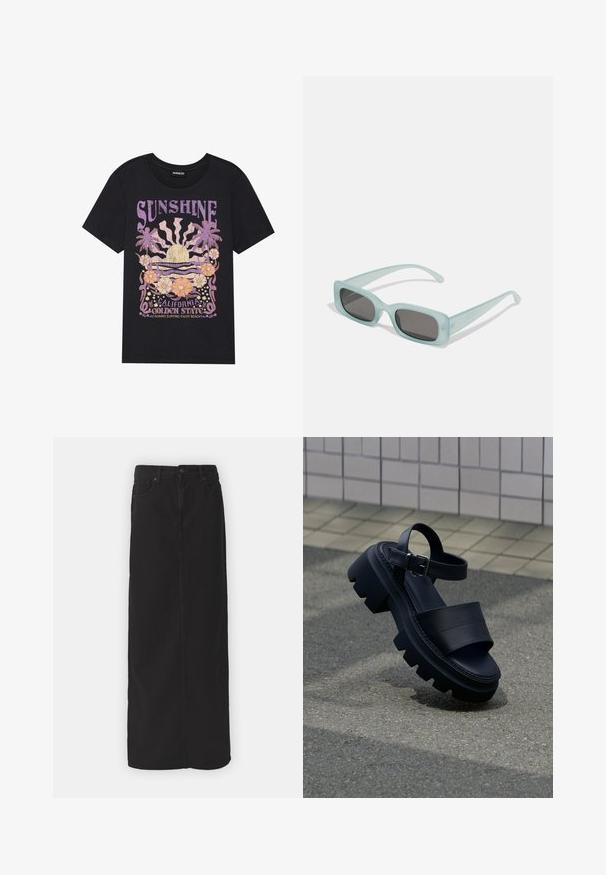 T-shirt en coton noir avec un graphisme coloré représentant un soleil, des palmiers et des motifs floraux, mis en valeur par le texte "SOLEIL" et "CALIFORNIE."; Jupe maxi en denim noir avec une coupe droite, poches avant, passants de ceinture et fermeture à bouton unique à la taille. Texture de tissu lisse.; Sandale à semelle épaisse noire avec larges brides et bride à boucle à la cheville sur un trottoir gris près d’un mur carrelé.; Une paire de lunettes de soleil rectangulaires avec des montures translucides bleu clair et des verres gris foncé, présentant des branches droites et des détails matériels minimaux.