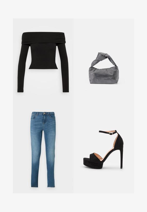 Schwarzes Off-Shoulder-Oberteil mit langen Ärmeln aus dehnbarem Stoff. Verfügt über geraffte Details am Ausschnitt und eine taillierte Silhouette.; Schmale Jeans aus hellblauem Denim mit einem verblassten Effekt, fünf Taschen, Metallknopfverschluss und dezenten Nähdetails. Gerader Schnitt.; Schwarze Wildleder-Peeptoe-Sandale mit hoch gelegener Plateausohle, Knöchelriemen mit silberner Hardware, offenem Zehenbereich und glatter Textur.; Schwarz-silberne Handtasche mit einer strukturierten Oberfläche, die ein Diamantmuster aufweist, einem geknoteten Griff und einer strukturierten Form.