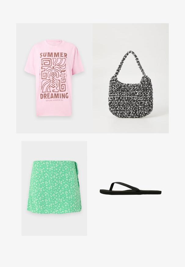 Camiseta de algodón rosa con un diseño gráfico marrón que incluye el texto "SUEÑOS DE VERANO" y patrones abstractos. Manga corta y corte relajado.; Falda envolvente verde menta con pequeño estampado floral blanco y cierre con lazo lateral, mostrada plana sobre un fondo claro.; Chancla negra con una correa texturizada y suela plana. La correa presenta un brillo sutil. Diseño simple, ligera y forma flexible.; Bolso de mano tejido en blanco y negro con forma redondeada, superficie texturizada y asa trenzada. Adecuado para uso casual.
