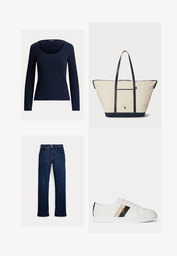 Mørkeblå ribbet langærmet bluse med bådudskæring og tætsiddende pasform.; Mørkeblå straight-leg jeans med frontknap og lynlås, fem-lomme design og synlige syninger.; Hvid lavtop-sneaker med beige og sorte sidelister, guld "RL" logo, hvide snørebånd og tekstureret sål på en ensfarvet baggrund.; Lærred tote bag med marineblå læderdetaljer, der har to lange håndtag, en frontlomme og et lille logo i midten. Beige farve.