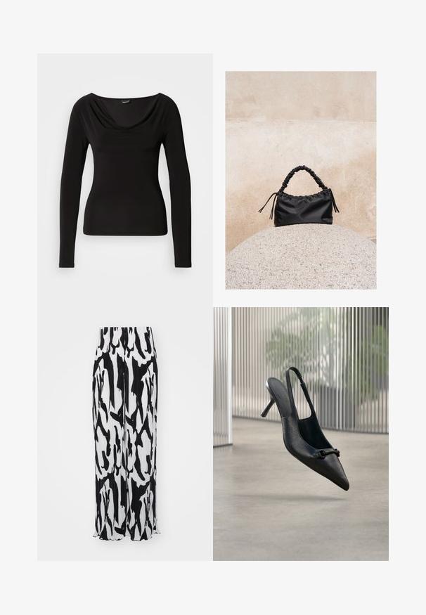Μαύρη μπλούζα με μακριά μανίκια και στυλ draped cowl neckline, κατασκευασμένη από μαλακό ύφασμα, με εφαρμοστή σχεδίαση και ελάχιστες ραφές για μια ομαλή εμφάνιση.; Μαύρο και λευκό φαρδύ παντελόνι με πτυχώσεις, που διακρίνεται για το αφηρημένο του σχέδιο, το υφασμάτινο υλικό και τη διακριτική καμπυλωτή άκρη στο κάτω μέρος.; Μαύρο υφασμένο δερμάτινο παπούτσι με ψηλό τακούνι, με μακρύ μυτερό άκρο και μικρή διακοσμητική αγκράφα, να αιωρείται πάνω από ένα λείο πάτωμα.; Μαύρη τσάντα με πιέτες και συγκεντρωμένη χειρολαβή, τοποθετημένη πάνω σε υφή σφαιρικής πέτρας μπροστά από μια μπεζ τσιμεντένια επιφάνεια.