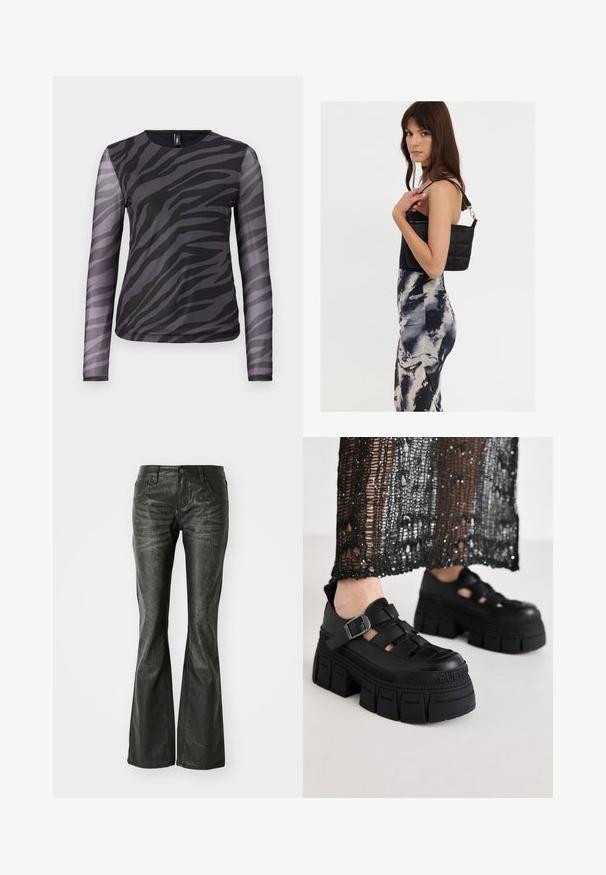 Langsleeve top met een zwart-grijs zebra streep patroon, gemaakt van lichtgewicht mesh materiaal met een ronde halslijn.; Zwarte nepleer flared jeans met voorzakken, een metalen knoopsluiting en een licht gestructureerd oppervlak. Rechte pijpen met een lange snit.; Zwarte platform sandalen met een chunky ontwerp, voorzien van brede banden en een zijgesp. Gemaakt van textuur rubber met een logo-detail.; Zwarte gewatteerde schoudertas met een enkele strap en zilveren hardware, gecombineerd met een fitted, tie-dye patroon jurk in tinten zwart en crème.
