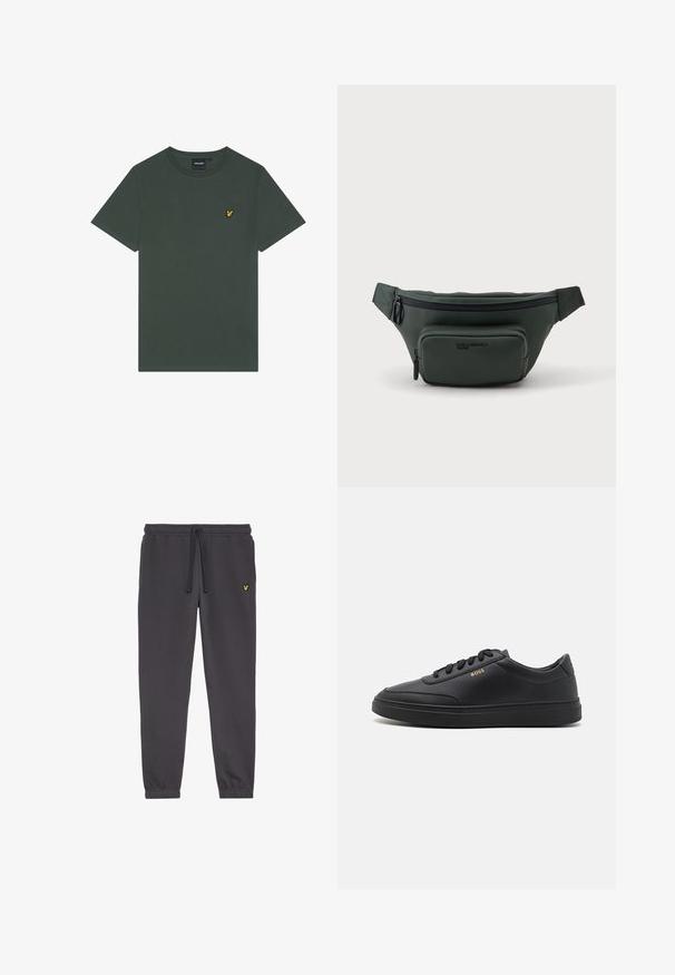 Donkergroen katoenen t-shirt met een ronde hals en korte mouwen. Heeft een klein geel geborduurd logo op de linkerborst.; Donkergrijze sweatpants gemaakt van zacht materiaal, met een elastische tailleband met trekkoord, gesloten enkels en een klein geel logo op de linker dij.; Zwarte leren sneakers met een gladde textuur, ronde neus, platte rubberen zool en tonale veters. Kenmerkt zich door de gouden "BOSS" branding aan de zijkant.; Donkergroene heuptas met twee met ritssluiting afgesloten vakken en verstelbare band, getoond tegen een effen lichte achtergrond.