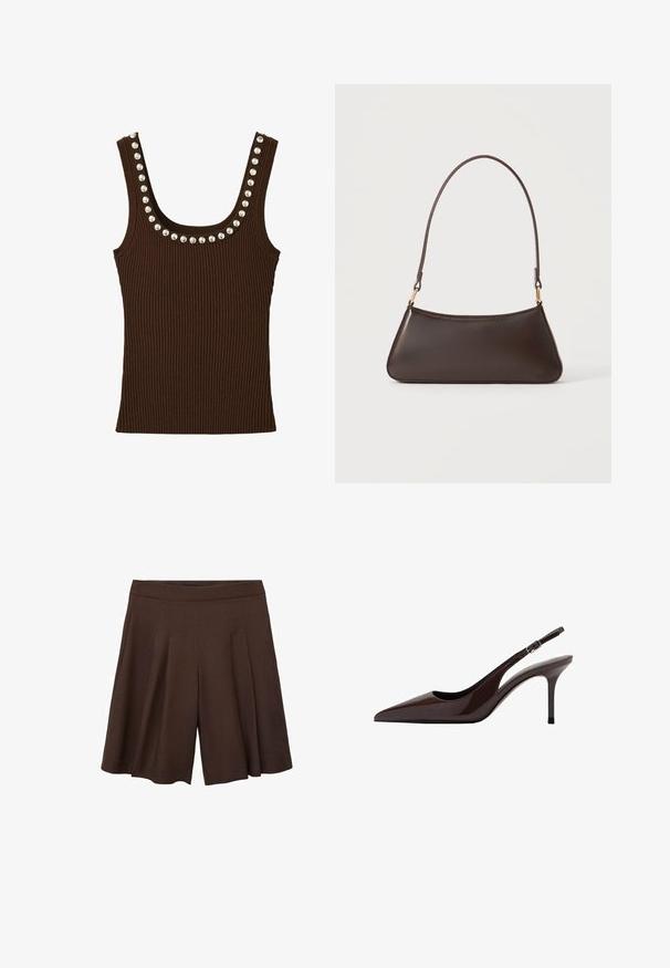Brun ribbet tanktop med sølvnitter langs udskæringen og stropperne, ærmeløs design, tætsiddende pasform.; Brune plisede shorts med høj talje. Stoffet ser glat og let ud og har dybe, rene folder for en blød silhuet.; Brune patenteret læder slingback hæle med spids tå, slank hæl og justerbar spænde-rem. Glat tekstur og skinnende finish.; Mørkebrun læderhåndtaske med en buet toplynlås og en tynd skulderrem med guldfarvede låse på en ensfarvet baggrund.