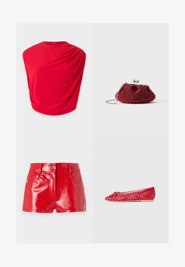Rød ærmeløs top med draperet stofdetalje på den ene skulder og rund halsudskæring.; Røde faux læder shorts med en blank finish, der har høj talje, forlommer og syningsdetaljer. Struktureret, tætsiddende design.; Rød flettet læderballerina med en lille sløjfe på tåen og en beige flad sål mod en ensfarvet baggrund.; Lille rød perlebesat clutch med sølvspænde og kæderem på en ensartet hvid baggrund.