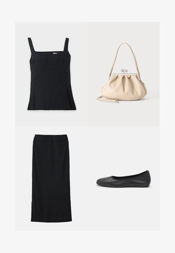 Zwart mouwloos tanktopje met vierkante hals, brede bandjes en een licht uitlopende zoom, weergegeven op een effen lichte achtergrond.; Zwarte midi rok van een soepele stof, met een aansluitende tailleband, rechte snit en zijsplitten voor gemakkelijker bewegen.; Zwarte leren ballerina met een ronde neus, gladde textuur, minimale stikdetails en een flexibele zoolontwerp.; Beige zachte leren handtas met een zilveren metalen frame sluiting, een enkele schouderriem en een optionele kettingriem op een witte achtergrond.