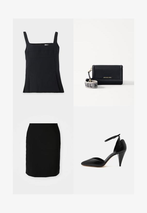 Zwart mouwloos tanktopje met vierkante hals, brede bandjes en een licht uitlopende zoom, weergegeven op een effen lichte achtergrond.; Zwarte pencil rok met een gladde textuur, rechte vorm en een lengte tot de knie. Geen zichtbare patronen of hardwaredetails.; Zwarte leren pump met spitse neus, enkelriem en kegelvormige hak op een witte achtergrond.; MICHAEL Michael Kors JET SET SM PHONE WBG XBODY - Schoudertas - black