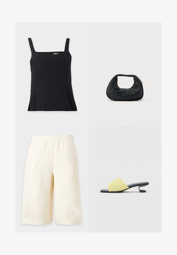 Zwart mouwloos tanktopje met vierkante hals, brede bandjes en een licht uitlopende zoom, weergegeven op een effen lichte achtergrond.; Kniekorte shorts in crèmekleur met elastische tailleband en subtiel bloemenborduursel vlakbij de zoom op een effen achtergrond.; Geel suède muil met een vierkante neus en een metalen, gebogen hak. De zool is zwart en de binnenzool heeft een patroon.; Zwarte geweven hobo-tas met een zachte structuur en geïntegreerd handvat, weergegeven op een effen lichte achtergrond.