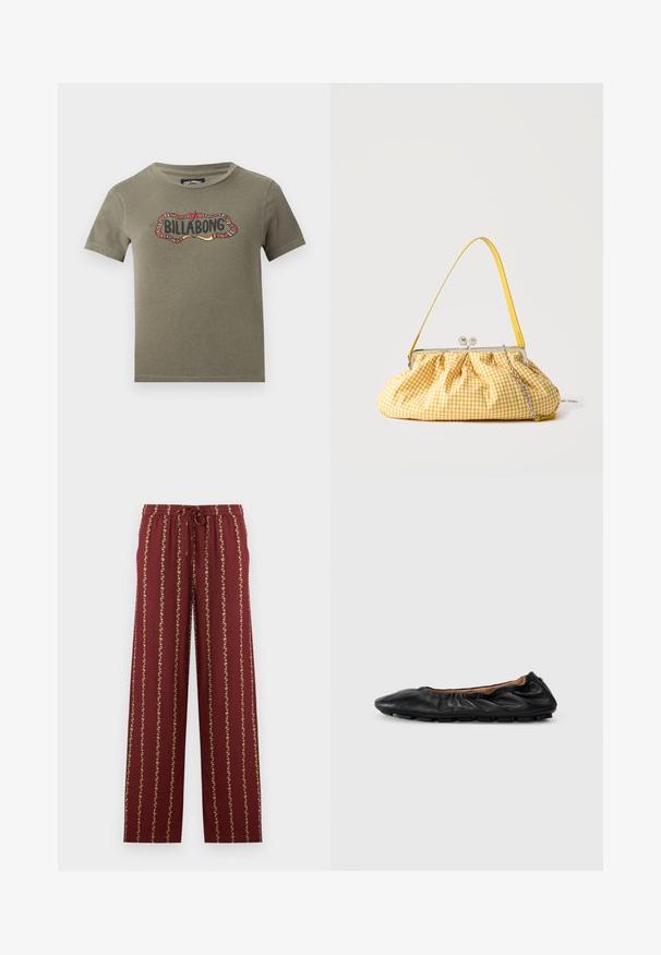 T-shirt manches courtes vert olive avec un cadre coloré et à motifs en forme de serpent autour du mot « Billabong » sur la poitrine.; Pantalon bordeaux à cordon de serrage avec rayures florales jaunes verticales, taille élastique et coupe droite sur fond blanc.; Ballerines en cuir noir avec des détails froncés au col, bout rond et semelle en caoutchouc flexible. Texture lisse dans l'ensemble.; Sac à main en tissu vichy jaune et blanc avec fermoir métallique, poignée jaune et détail chaîne argentée sur un fond uni.