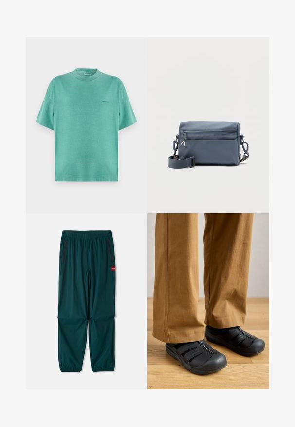 Mintgrøn T-shirt med korte ærmer og rund hals, med lille broderet logo på venstre bryst, vist på ensartet hvid baggrund.; Udendørsbukser i mørk teal, med en elastisk talje, to lynlåslommer på siden og elastiske manchetter ved anklerne. Letvægtsmateriale.; Sorte slip-on sko med gummisål, med lynlåslukning og udskårne designs, parret med brune bredbenede bukser på et trægulv.; Blå rektangulær crossbody taske med front lynlåslomme og justerbar rem, sat mod en enkel hvid baggrund.