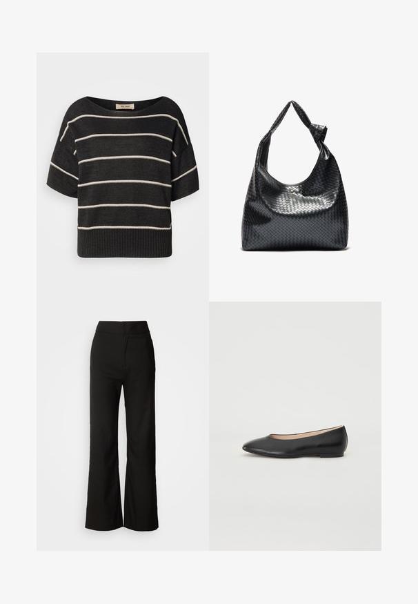 Pull en maille noire avec large encolure bateau, manches courtes et rayures blanches horizontales, doté d'un ourlet côtelé et d'une coupe décontractée.; Pantalons noirs à jambes larges avec une texture lisse, taille haute et un design épuré. Pas de poches visibles ni d'embellissements.; Ballet flats en cuir noir avec un bout rond, un design minimal, un petit talon rectangulaire et une texture lisse. Simple et polyvalent.; Sac à main en cuir tissé noir au design décontracté, avec une sangle nouée et une petite clou doré décoratif en haut.