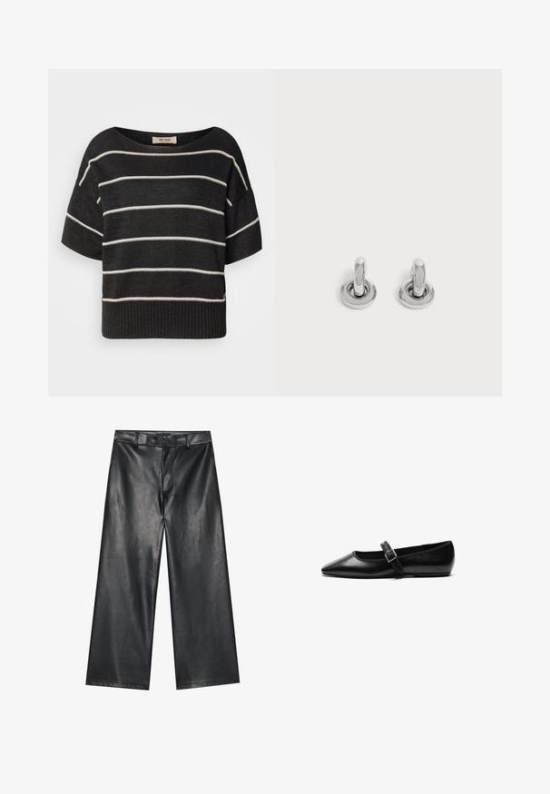 Suéter negro de punto con amplio escote tipo barco, mangas cortas y rayas horizontales blancas, con dobladillo acanalado y un ajuste holgado.; Pantalones de cuero negro de pernera ancha con una textura suave, lazos para cinturón y cremallera frontal. Presenta un ajuste holgado y detalles de costura limpios.; Zapato plano negro de cuero con punta afilada, correa ajustable con hebilla de metal, textura suave y diseño minimalista.; Par de pequeños pendientes de aro plateados brillantes con base redonda, exhibidos sobre un fondo claro y liso.