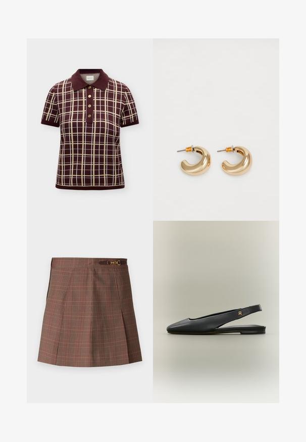 Polo de manga corta con estampado de cuadros en burdeos y beige, cuello liso burdeos y tapeta frontal con cuatro botones.; Falda de cuadros marrones con acentos en naranja, con un diseño plisado, cintura ajustada y un detalle decorativo de hardware dorado en el cinturón.; Zapato plano negro de cuero con tira trasera, punta afilada y acento de logo dorado en la tira, mostrado sobre un fondo neutro.; Dos pendientes de aro dorados brillantes en un diseño curvado, con acentos naranjas cerca del poste, sobre un fondo blanco liso.