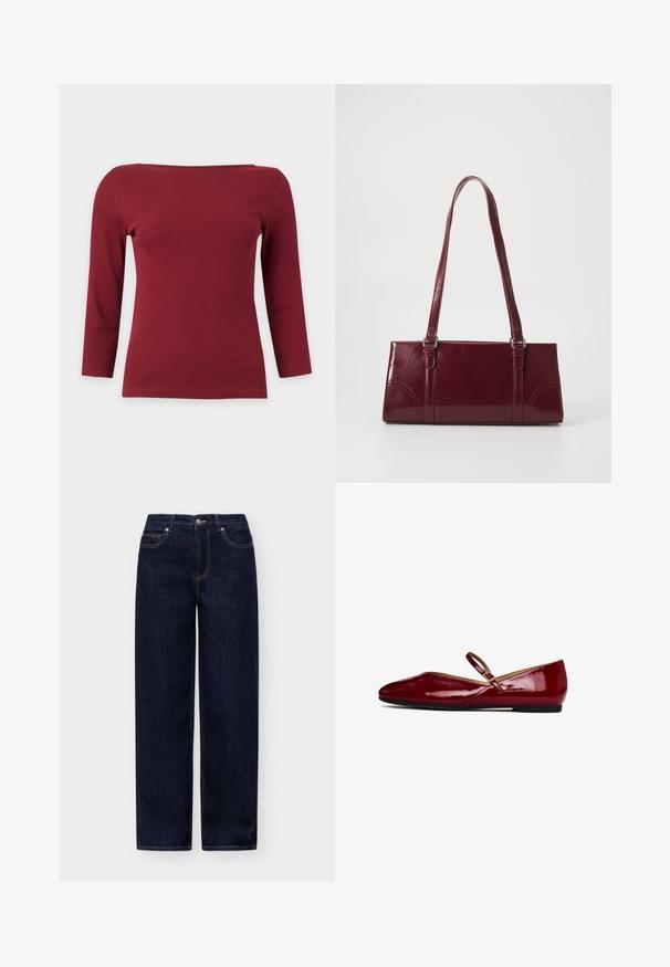 Enkelt mørkerødt ribstrikket top med lange ærmer, bred bådudskæring og tætsiddende silhuet på lysegrå baggrund.; Mørkeblå straight-leg denim jeans med frontknap og lommer på en ensartet lys baggrund.; Røde patentlæder balletfladsko med afrundet tå, tynd rem over vristen og flad sort sål. Glat overflade og strømlinet design.; Bordeaux håndtaske lavet af glansfuldt materiale, rektangulær form, med to skulderremme og subtile buede detaljer på forsiden.
