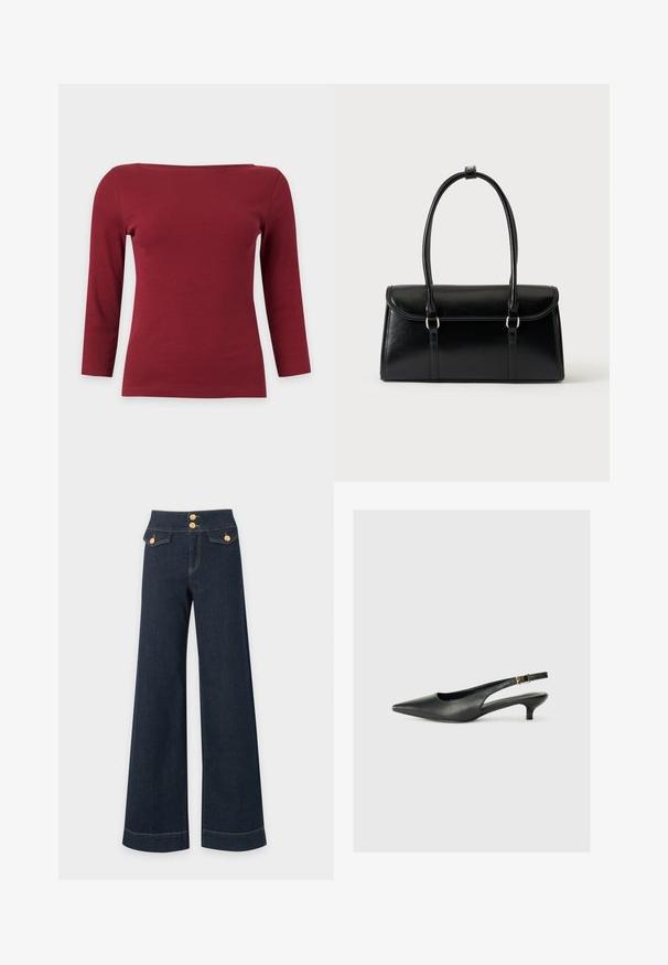 Haut à manches longues côtelé rouge foncé uni avec un large col bateau et une silhouette ajustée sur fond gris clair.; Pantalon en jean bleu foncé à jambes larges, taille haute, avec deux fermetures à boutons dorés et poches à rabat ornées de boutons dorés.; Chaussure slingback noire à bout pointu en cuir lisse. Présente un talon fin et un détail de boucle sur la sangle réglable.; Sac à main rectangulaire en cuir noir avec fermeture à rabat et deux longues anses sur fond blanc uni.