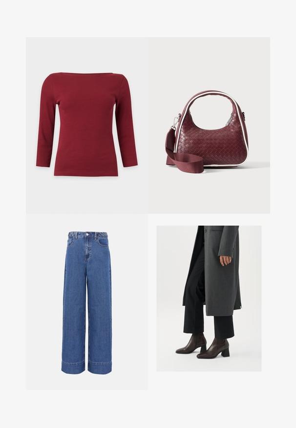 Effen donkerrood geribd top met lange mouwen, een brede boothals en een aansluitend silhouet op een lichtgrijze achtergrond.; Blauwe denim jeans met wijde pijpen, gevlochten tailleband, knopen aan de voorkant en zakken, weergegeven op een effen achtergrond.; Hogehakige enkellaarsjes van donkerbruin leer met een spitse neus en blokhak, gecombineerd met zwarte broeken en een grijze jas.; Donkerrode geweven leren handtas met gebogen handvat, witte bies, zilveren rits en afneembare brede stoffen schouderriem tegen een effen achtergrond.