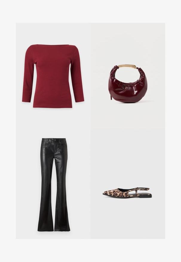 Haut à manches longues côtelé rouge foncé uni avec un large col bateau et une silhouette ajustée sur fond gris clair.; Pantalon noir en simili cuir avec cinq poches et jambes évasées, doté d'une fermeture devant par bouton et zip.; Ballerine à enfiler en imprimé léopard, avec un bout pointu, des côtés ouverts et un petit talon noir. Le matériau semble lisse avec un léger éclat.; Sac à main en simili cuir bordeaux avec une forme arrondie, des détails froncés et une anse en métal doré. Texture lisse et finition brillante.