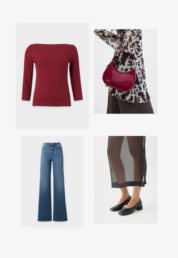 Haut à manches longues côtelé rouge foncé uni avec un large col bateau et une silhouette ajustée sur fond gris clair.; Jean bleu taille haute à jambes larges avec bouton et fermeture éclair à l'avant, deux poches avant et un design classique à cinq poches.; Chaussures noires à talons blocs avec une finition en cuir lisse, portées avec une jupe noire transparente à ourlet net et design minimaliste.; Femme portant un chemisier à motif noir et blanc tenant un sac à main rouge brillant sur un fond uni.