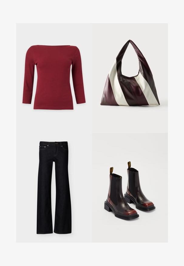 Effen donkerrood geribd top met lange mouwen, een brede boothals en een aansluitend silhouet op een lichtgrijze achtergrond.; Zwarte denim jeans met brede pijpen, voorzakken, knoopsluiting en zichtbare stiksels, gepresenteerd tegen een effen witte achtergrond.; Dr. Martens MAYBOLE CHELSEA - Enkellaarsjes met plateauzool - black/cherry red; Grote driehoekige leren handtas met brede diagonale strepen in donkerbruin, bordeaux en crèmekleuren tegen een effen achtergrond.