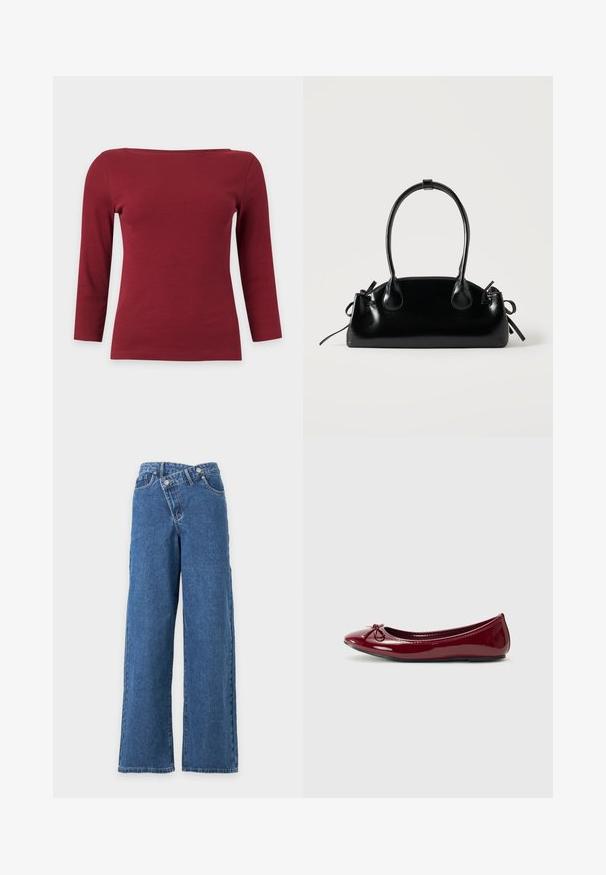 Schlichtes dunkelrotes, geripptes Langarmtop mit weitem U-Boot-Ausschnitt und figurbetonter Silhouette auf hellgrauem Hintergrund.; Blaue Jeans mit weitem Bein, hoher Taille und überlappendem Knopfverschluss vor weißem Hintergrund.; Balletschuh aus glänzendem burgunderfarbenem Lackleder, mit runder Zehe und kleinem Schleifendetail an der Vorderseite. Glatte Textur, niedriger Absatz.; Kleine schwarze glänzende Handtasche mit zwei langen Griffen und seitlichen Kordelzug-Details vor einfachem hellem Hintergrund.