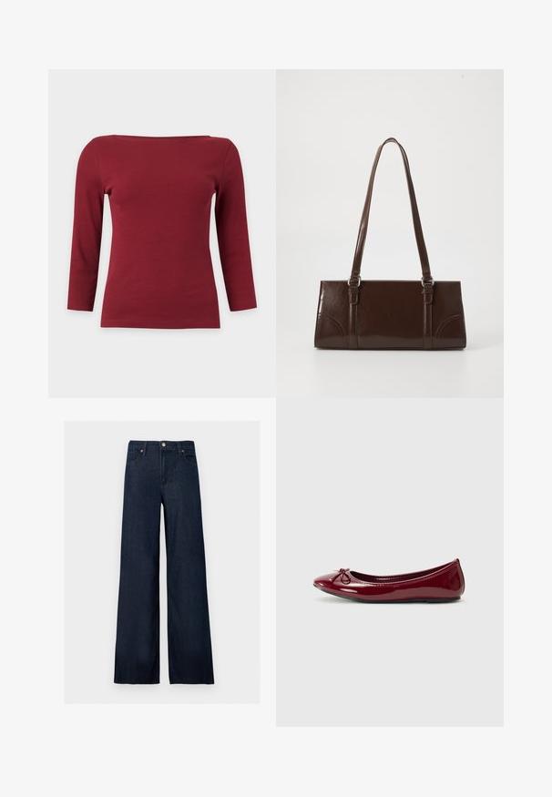 Effen donkerrood geribd top met lange mouwen, een brede boothals en een aansluitend silhouet op een lichtgrijze achtergrond.; Donkerblauwe denim jeans met wijde pijpen, een knoop aan de voorkant, riemlussen en vijf zakken op een effen achtergrond.; Balletflats in glanzend bordeaux patentleer, met een afgeronde neus en een klein strikje aan de voorkant. Gladde textuur, lage hak.; Bruine lakleren handtas met een rechthoekige vorm, twee lange handvatten en subtiele gebogen accenten aan de voorkant.