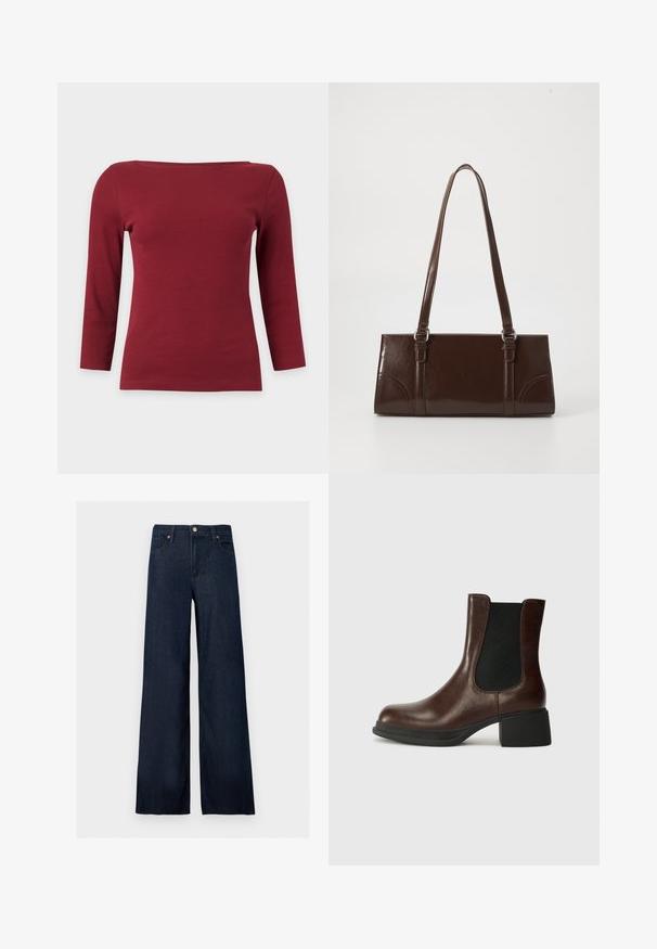Enkelt mørkerødt ribstrikket top med lange ærmer, bred bådudskæring og tætsiddende silhuet på lysegrå baggrund.; Mørkeblå vidde jeans i denim med frontknap, bæltestropper og fem-lomme design på en ensfarvet baggrund.; Brune læder ankelstøvle med rund tå, elastisk sidepanel og en kraftig sort hæl. Glat tekstur med minimalistisk design.; Brun lakeret håndtaske med rektangulær form, to lange håndtag og subtile buede detaljer på fronten.