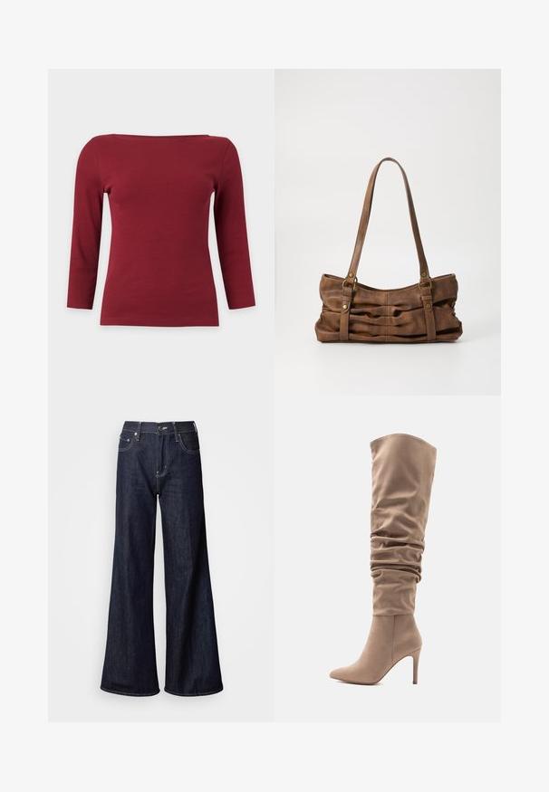 Haut à manches longues côtelé rouge foncé uni avec un large col bateau et une silhouette ajustée sur fond gris clair.; Jean à jambes larges en denim foncé, présentant une taille haute, cinq poches, des coutures blanches contrastantes et une texture lisse.; Botte en simili daim beige allant au-dessus du genou avec un design décontracté, un bout pointu et un talon aiguille de 10 cm. Texture lisse et style minimaliste.; Even&Odd by Zalando Sac à main - brown