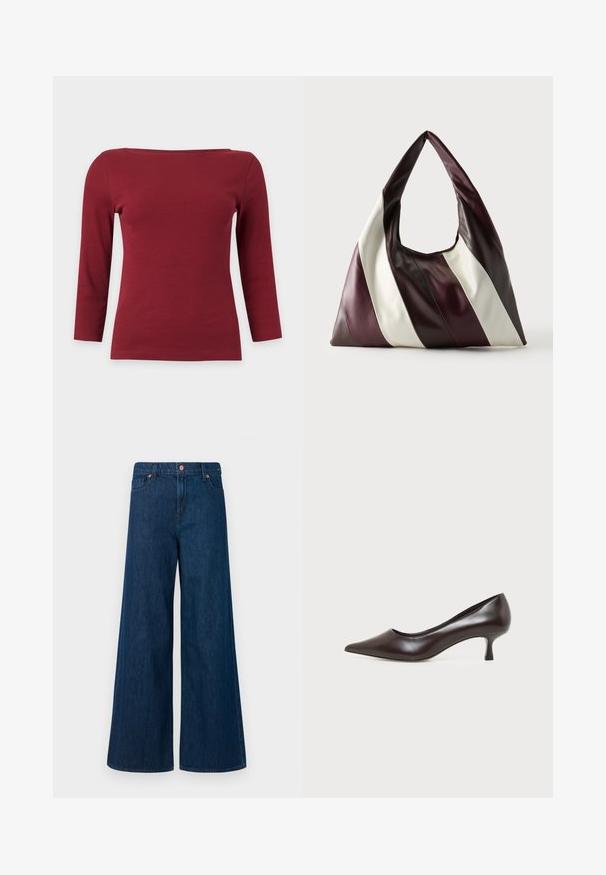 Haut à manches longues côtelé rouge foncé uni avec un large col bateau et une silhouette ajustée sur fond gris clair.; Jeans en denim bleu à jambe large avec fermeture à bouton sur le devant, passants de ceinture et design à cinq poches sur un fond blanc.; Escarpin en cuir marron foncé à bout pointu avec petit talon incurvé sur fond blanc.; Grand sac à main triangulaire en cuir avec de larges rayures diagonales marron foncé, bordeaux et crème sur un fond uni.